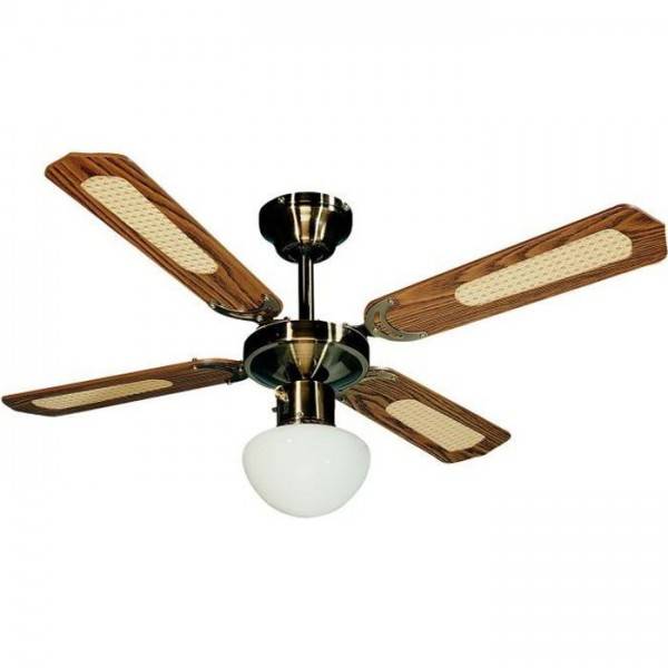 Ventilateur de Plafond - Plafonnier FARELEK - BALI Ø 107 cm -  réversible Laiton Antique, 4 pales noyées / cannées noyer + éclairage