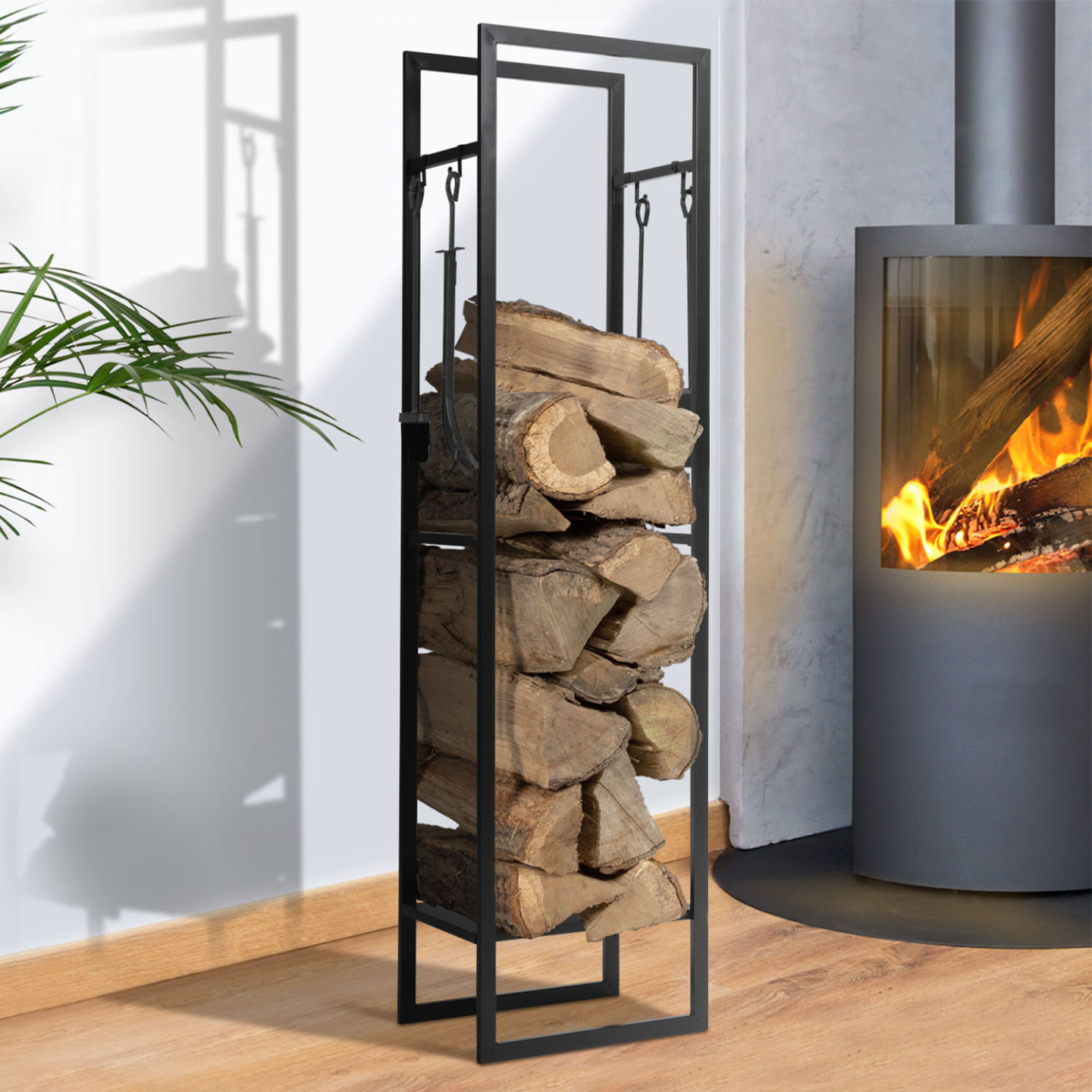 Range bûches vertical acier noir avec étagère et accessoires H. 170 CM pour cheminée - Image 1
