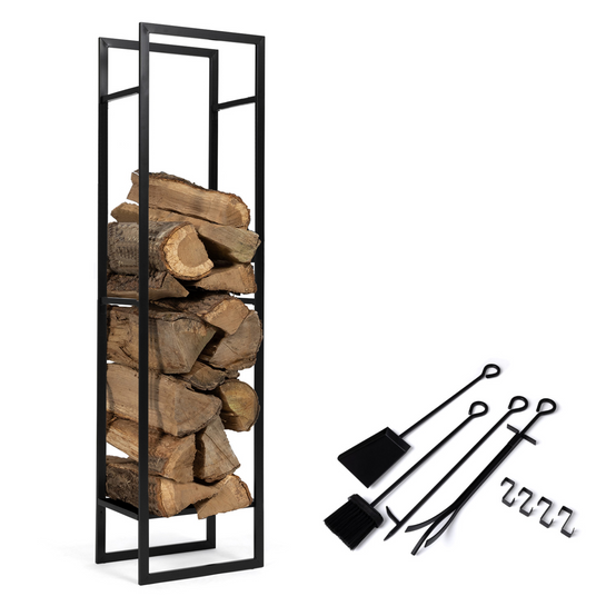 Range bûches vertical acier noir avec étagère et accessoires H. 170 CM pour cheminée - Image 2