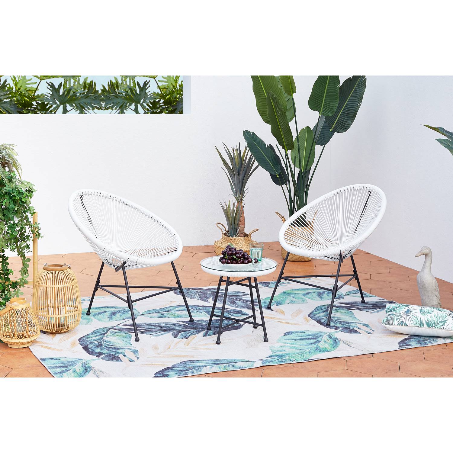 Salon de jardin 2 fauteuils ronds et table basse blanc ACAPULCO - Image 2