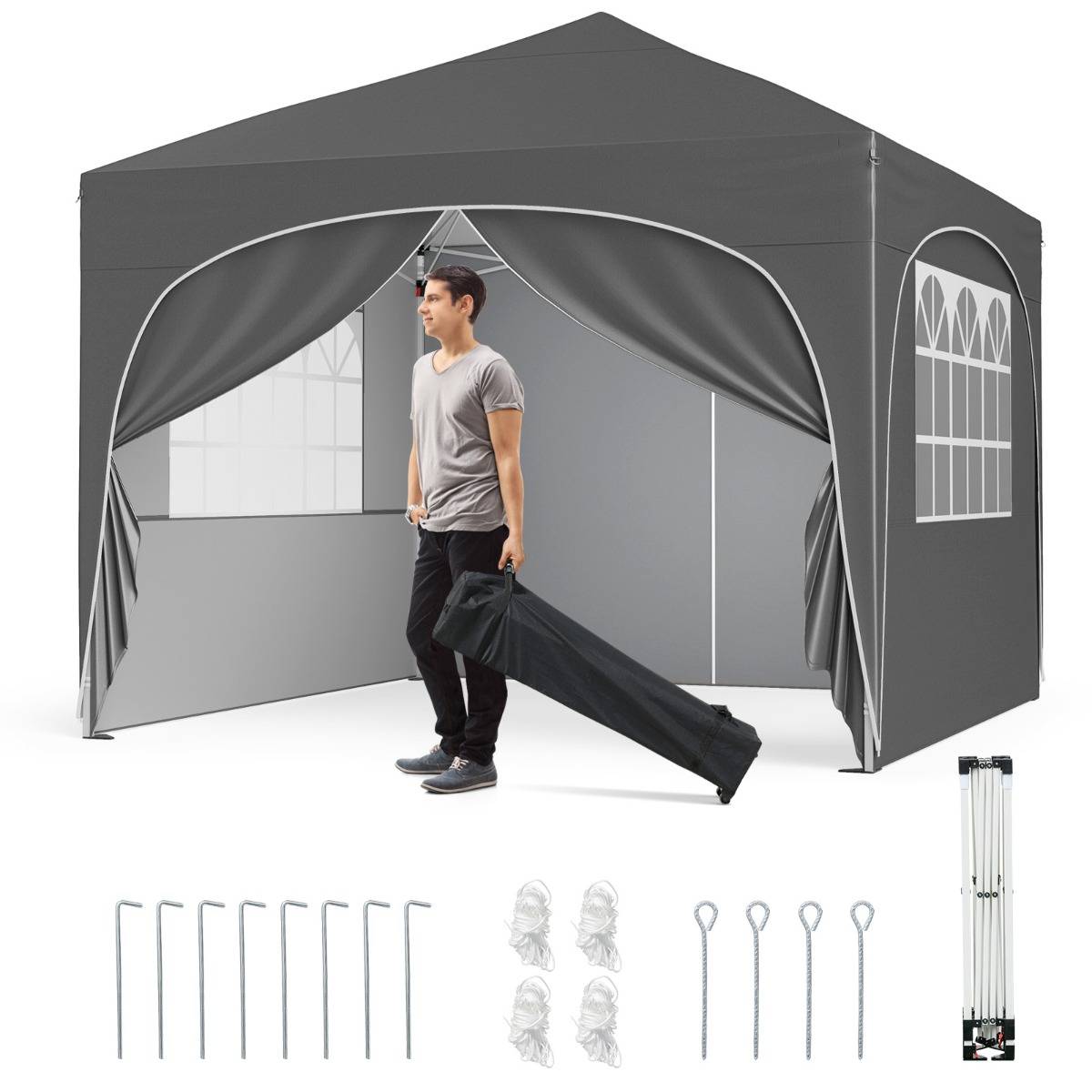 Tonnelle de Jardin 3x3M avec 4 Parois Amovibles Tente de Reception Portable Sac à Roulettes Gris - Image 4
