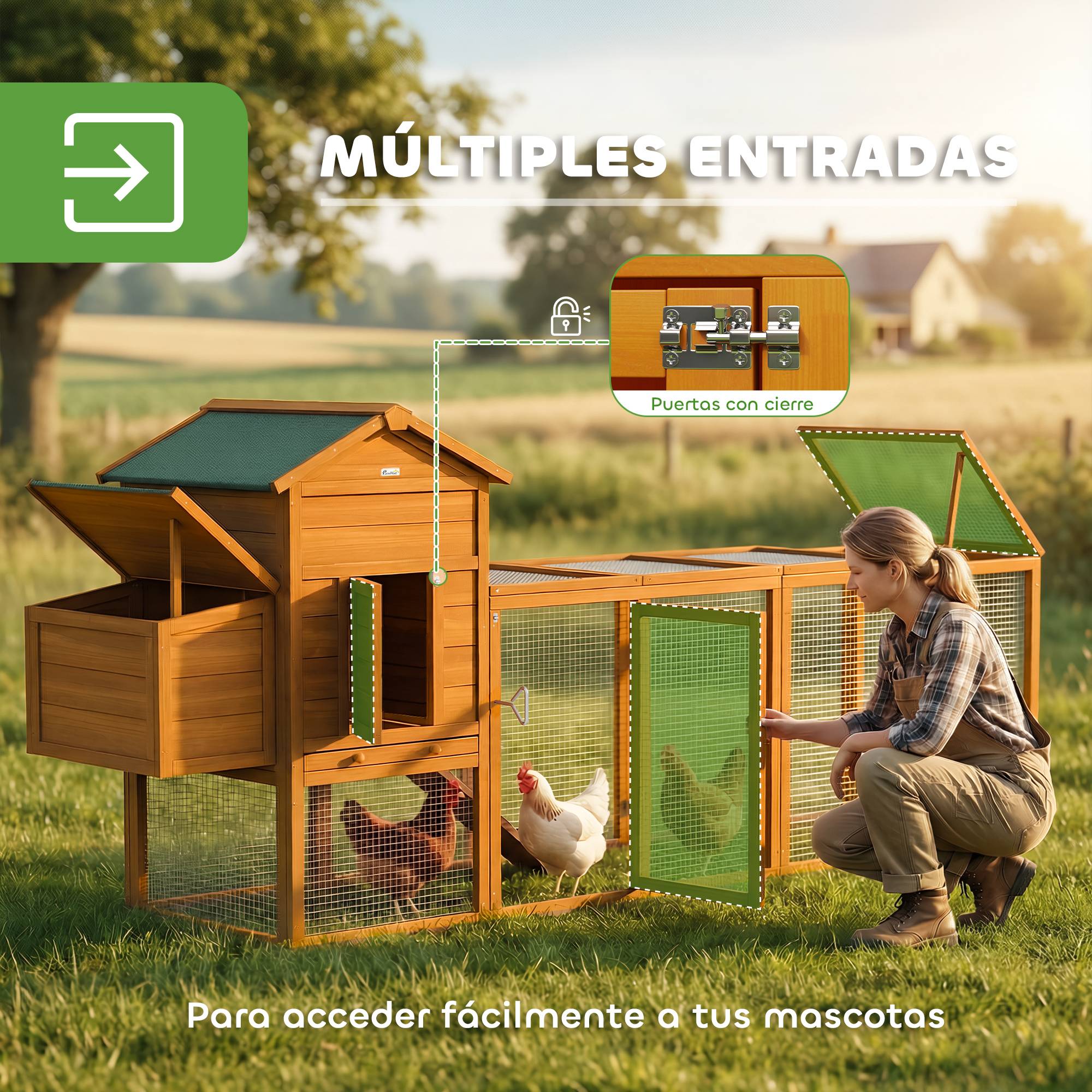 Grand poulailler en bois pour 3 à 6 poules, toit en asphalte, pondoir et plateau amovible, 297,5 x 68 x 118 cm, naturel - Image 7