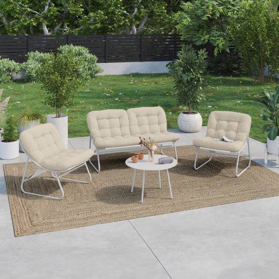 Salon de jardin bas ARONA 4 places en acier blanc et coussins beiges avec canapé, fauteuils et table - Image 1