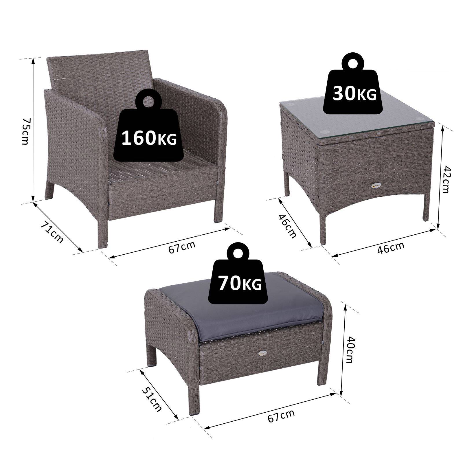 Outsunny - Lot de 2 fauteuils de jardin grand confort repose-pied table basse résine tressée imitation rotin coussins gris - Outsunny - Image 3