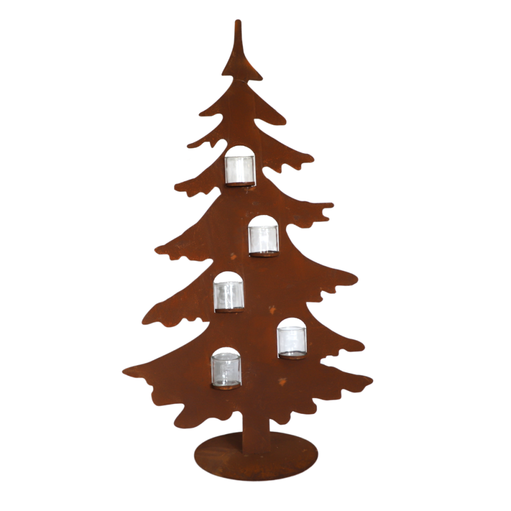 Sapin en métal rouillé marron et photophores en verre 75 x 120 cm Chemin de campagne