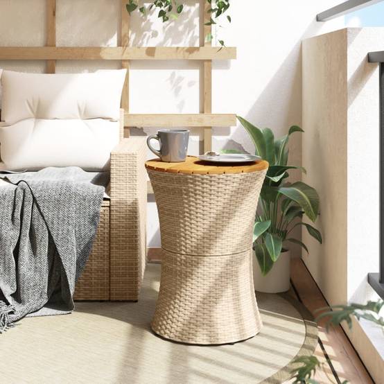 Petite Table d'Appoint de Jardin Ronde Beige Style Tambour, en Résine Tressée et Bois – ComfortXL Outdoor Living - Image 3