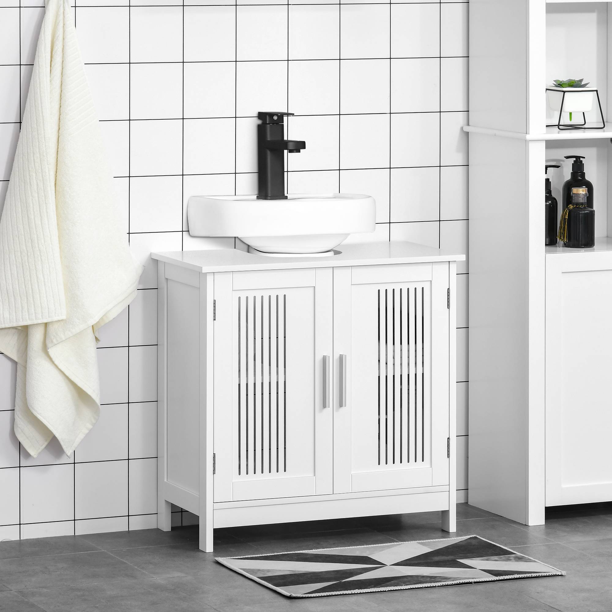 Sans Marque - Meuble vasque salle bain gain place 2 portes MDF étagères réglables 60x30x60 cm blanc - Image 3