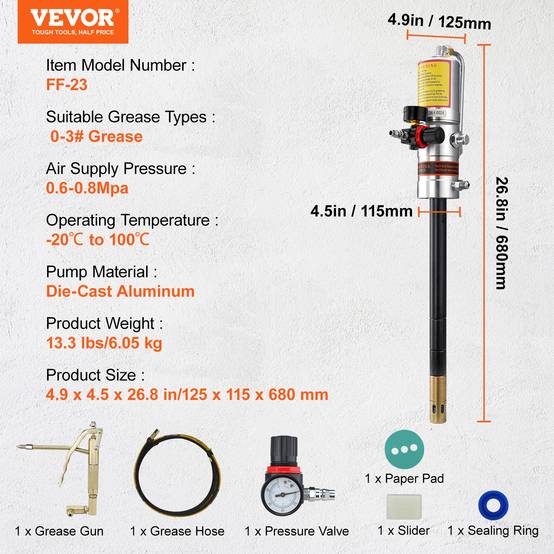 VEVOR Pompe graisse pneumatique 50:1, seau, tuyau 4 m, pistolet, tête 360°. - Image 7