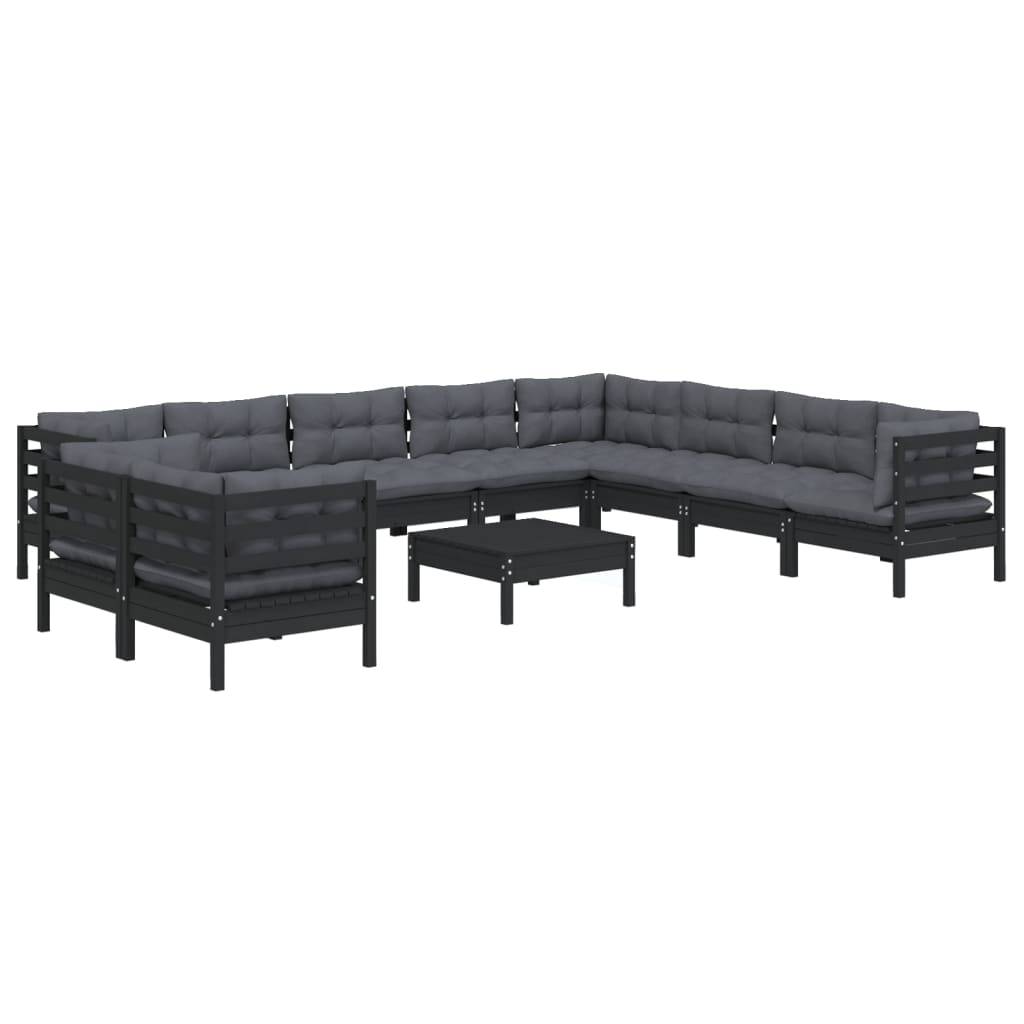 Helloshop26 - Salon de jardin meuble d'extérieur ensemble de mobilier 11 pièces avec coussins noir bois de pin solide