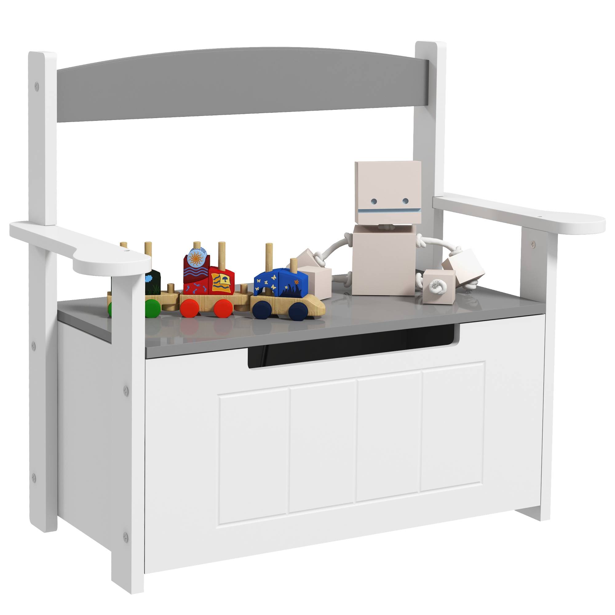 Banc coffre gris et blanc dossier couvercle fermeture douce charge 30 kg 68,5 × 34 × 58 cm chambre enfant