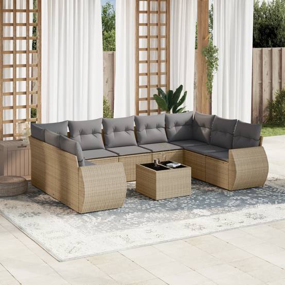 Salon de Jardin Bas 9 Places 10 Pièces Résine Beige avec Table et Coussins Gris Clair – ComfortXL Outdoor Living - Image 1