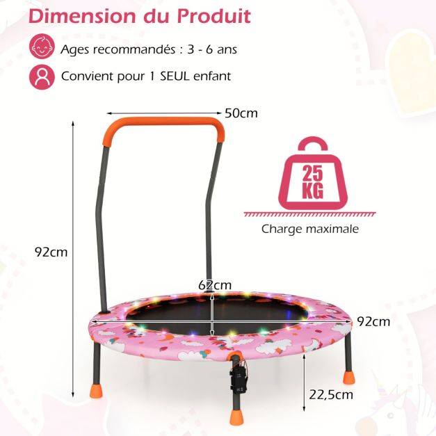 Helloshop26 - Trampoline pour enfants diamètre 92 cm lumineux avec poignée amovible charge 25kg pour sports de saut intérieur extérieur rose - Imagen 7