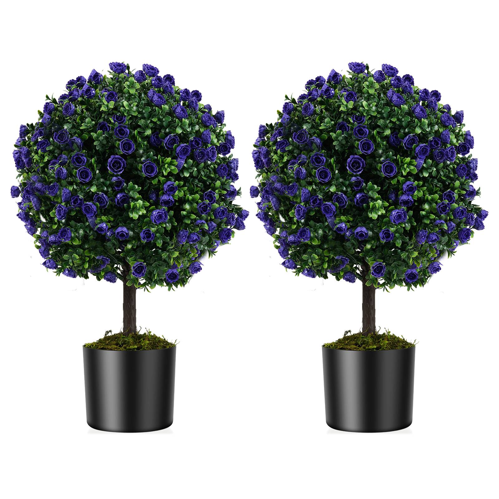 Costway - Lot de 2 Boules de Roses Artificielles de 55 cm avec Pot en Ciment, Rosiers Artificiels Violets, Arbustes Artificiels pour Intérieur,Extérieur