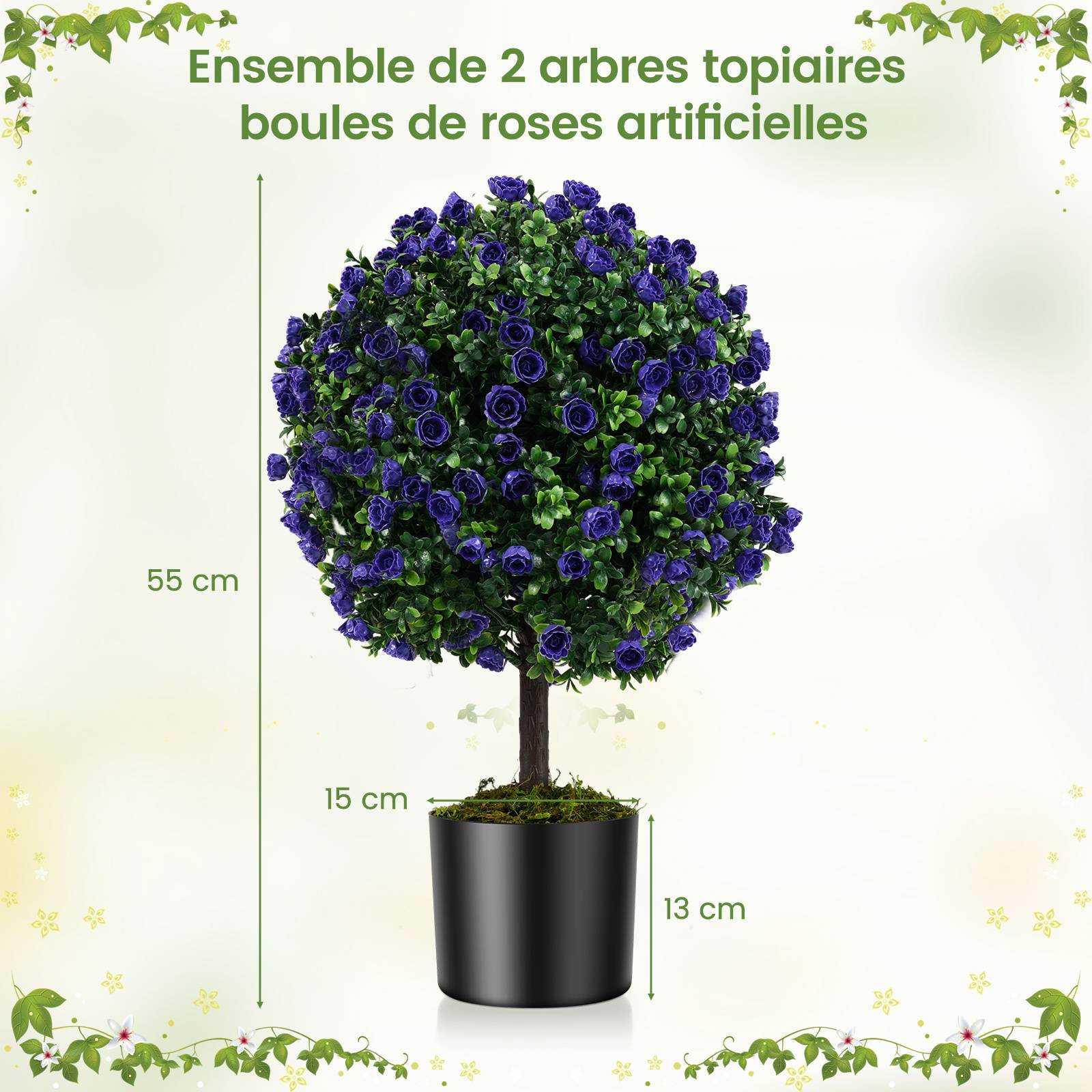 Lot de 2 Boules de Roses Artificielles de 55 cm avec Pot en Ciment, Rosiers Artificiels Violets, Arbustes Artificiels pour Intérieur,Extérieur - Image 2
