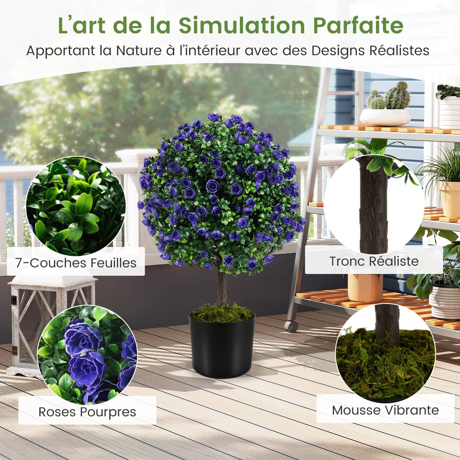 Lot de 2 Boules de Roses Artificielles de 55 cm avec Pot en Ciment, Rosiers Artificiels Violets, Arbustes Artificiels pour Intérieur,Extérieur - Image 5