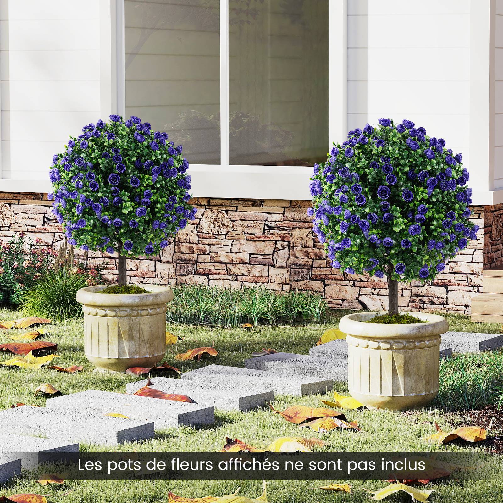 Lot de 2 Boules de Roses Artificielles de 55 cm avec Pot en Ciment, Rosiers Artificiels Violets, Arbustes Artificiels pour Intérieur,Extérieur - Image 4