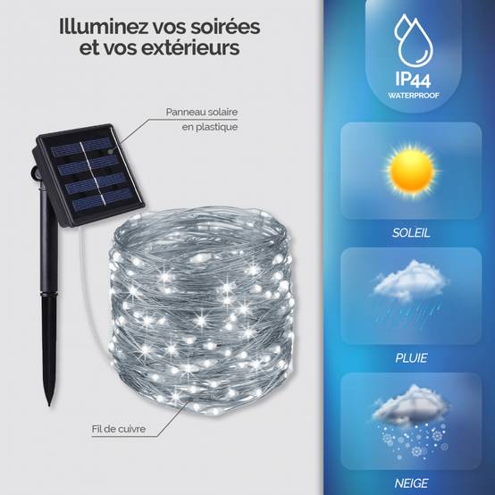 Guirlande solaire extérieur lumineuse jardin, terrasse - Ampoules LED 8 modes - 12 m - Blanc froid - Linxor - Image 4