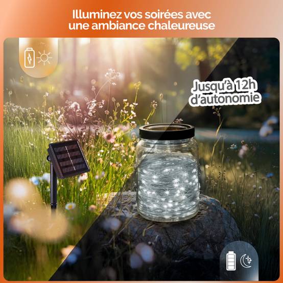 Guirlande solaire extérieur lumineuse jardin, terrasse - Ampoules LED 8 modes - 12 m - Blanc froid - Linxor - Image 3