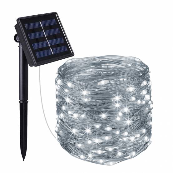 Guirlande solaire extérieur lumineuse jardin, terrasse - Ampoules LED 8 modes - 12 m - Blanc froid - Linxor - Image 1