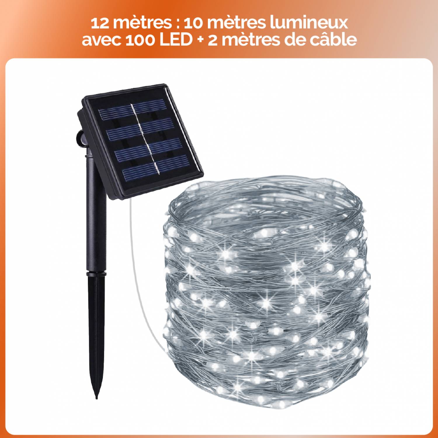 Guirlande solaire extérieur lumineuse jardin, terrasse - Ampoules LED 8 modes - 12 m - Blanc froid - Linxor - Image 2