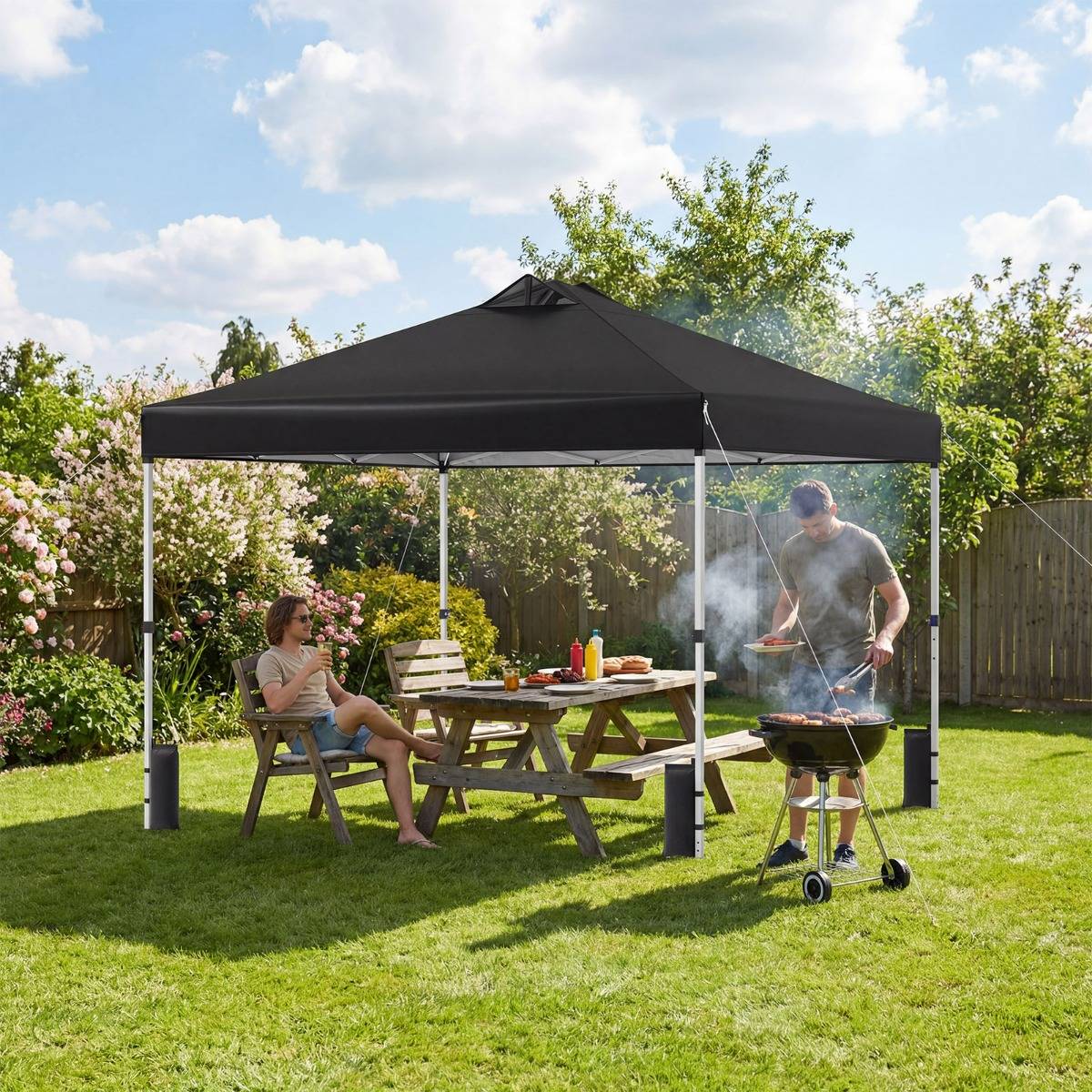 Tonnelle de Jardin 3x3 m Tente Pop-Up Toit à Revêtement Argenté Gazebo Portable avec 4 Sacs de Sable Piquets Noir MAISON CHIC - Image 2