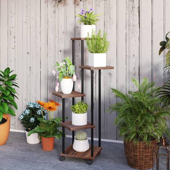 Porte-plantes 5 niveaux bois acier balcon terrasse roulettes freins 59x59x110cm marron - ComfortXL Outdoor Living - Image 10