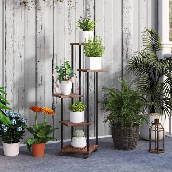 Porte-plantes 5 niveaux bois acier balcon terrasse roulettes freins 59x59x110cm marron - ComfortXL Outdoor Living - Image 4