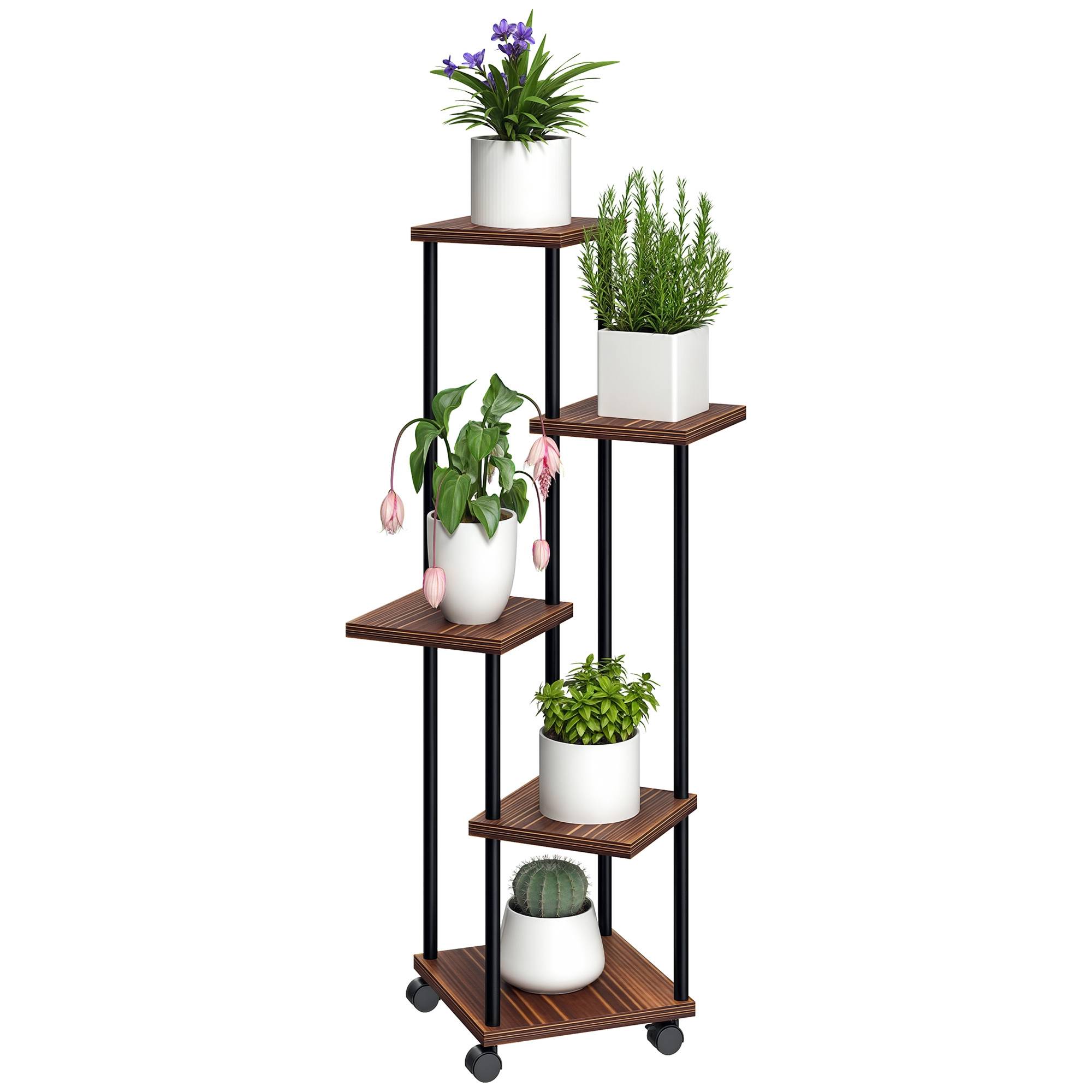Porte-plantes 5 niveaux bois acier balcon terrasse roulettes freins 59x59x110cm marron - ComfortXL Outdoor Living - Image 1