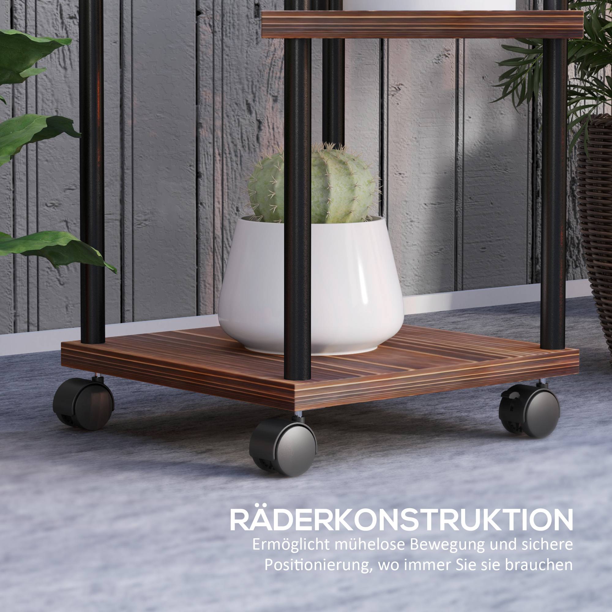 Porte-plantes 5 niveaux bois acier balcon terrasse roulettes freins 59x59x110cm marron - ComfortXL Outdoor Living - Image 7
