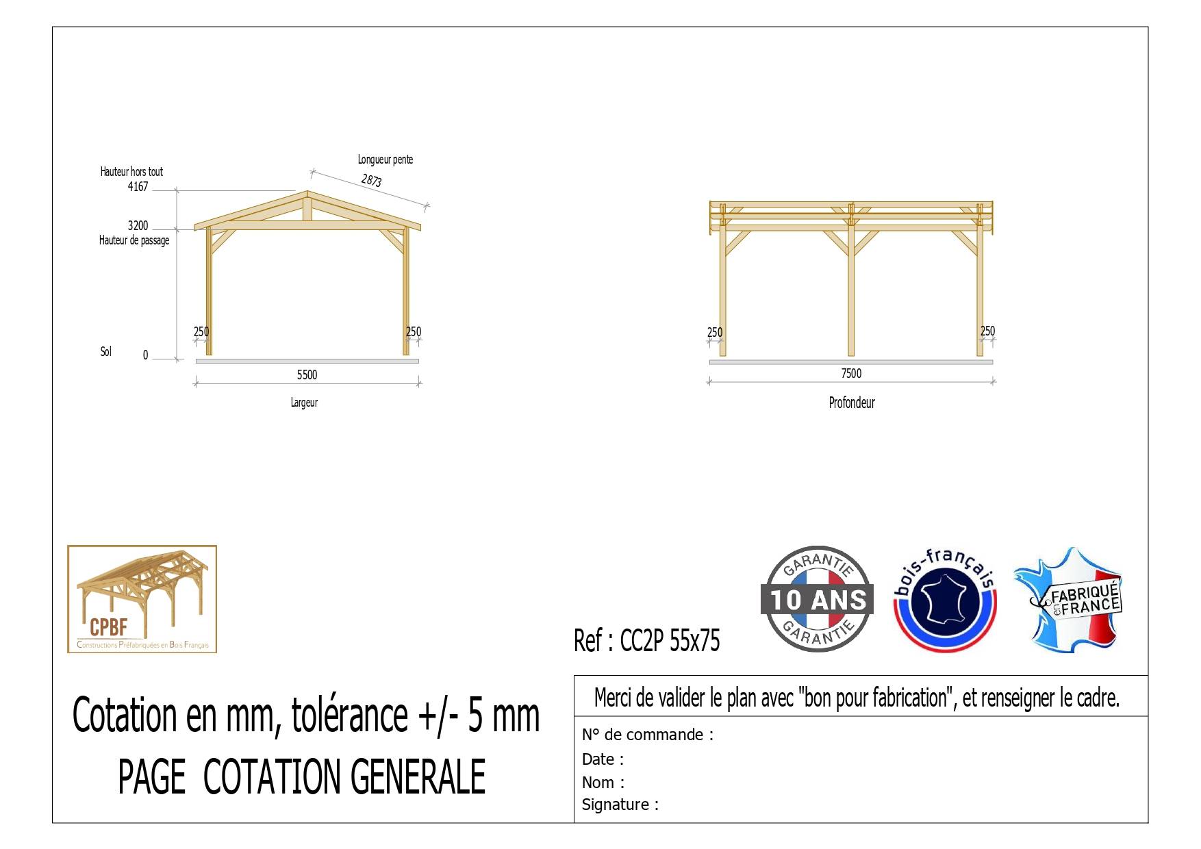 Carport bois 2 pentes 550cmx750cm bois DOUGLAS Français label PEFC (Charpente - Auvent - Abri Camping-car) 42 m². Garantie 10 ans - Image 3
