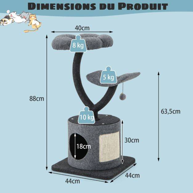 Helloshop26 - Arbre à chat 88cm avec perchoir et balle suspendue tour à chat avec poteaux de soutien en métal et housse de condo amovible gris - Imagen 3
