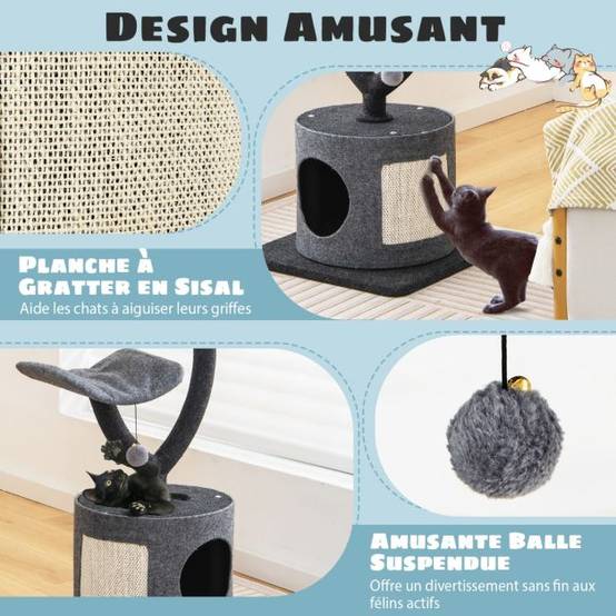 Helloshop26 - Arbre à chat 88cm avec perchoir et balle suspendue tour à chat avec poteaux de soutien en métal et housse de condo amovible gris - Imagen 2