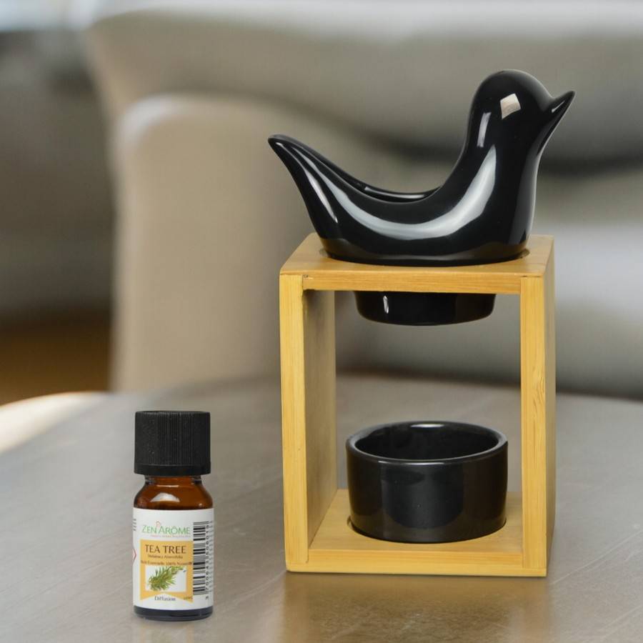Brûle Parfum Birdy Noir - Brûleur Fondant Parfumé –Diffuseur Huile Essentielle- Brûleur en céramique et bambou - H 12cm - Zen'Arôme - Image 3