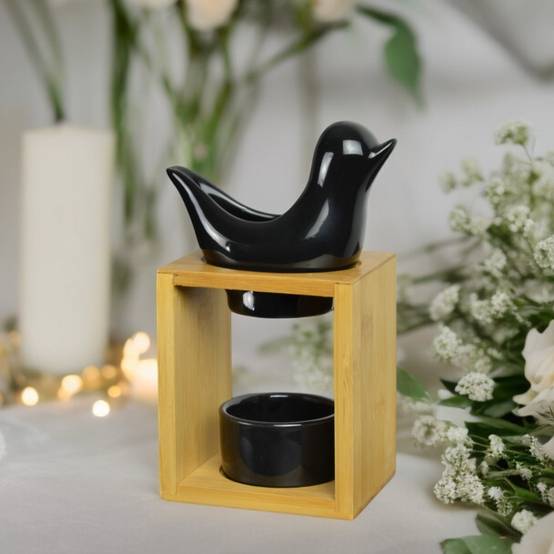Brûle Parfum Birdy Noir - Brûleur Fondant Parfumé –Diffuseur Huile Essentielle- Brûleur en céramique et bambou - H 12cm - Zen'Arôme - Image 5
