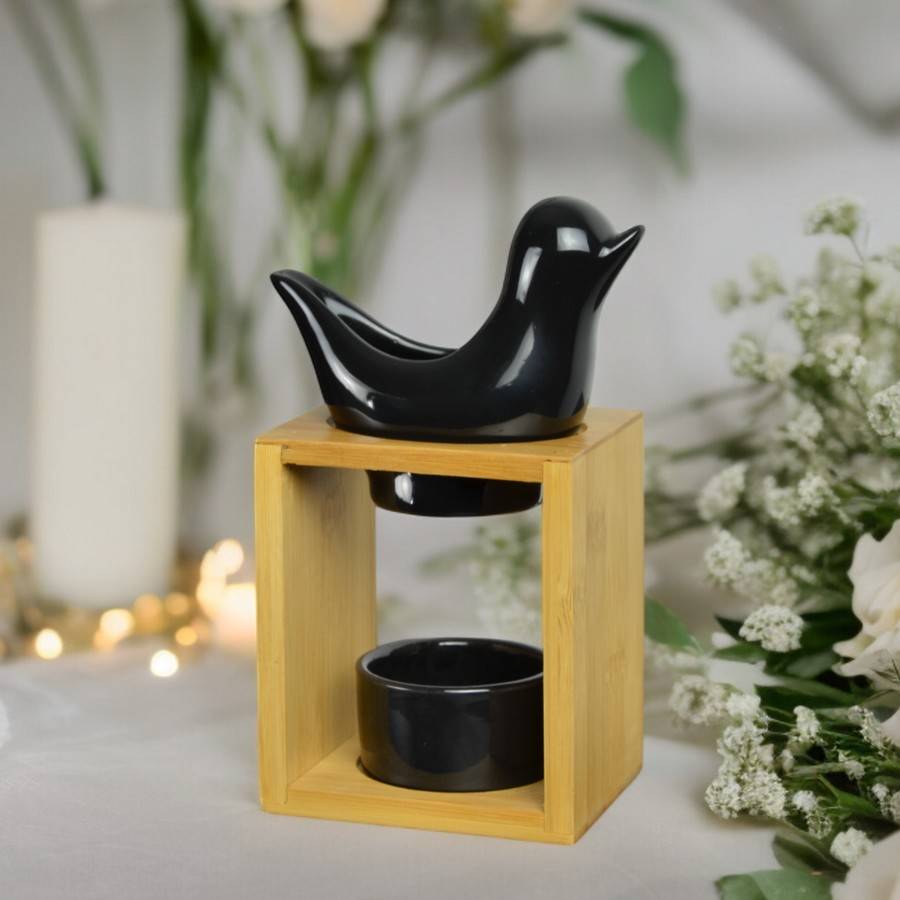 Brûle Parfum Birdy Noir - Brûleur Fondant Parfumé –Diffuseur Huile Essentielle- Brûleur en céramique et bambou - H 12cm - Zen'Arôme - Image 5