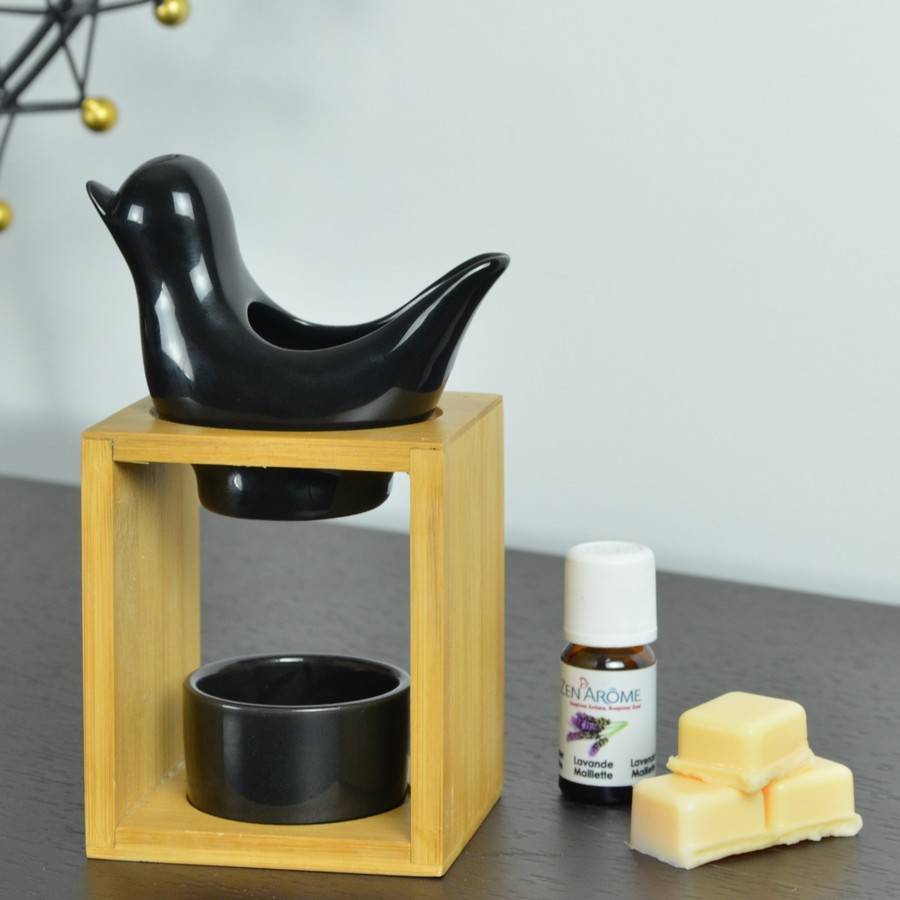 Brûle Parfum Birdy Noir - Brûleur Fondant Parfumé –Diffuseur Huile Essentielle- Brûleur en céramique et bambou - H 12cm - Zen'Arôme - Image 10