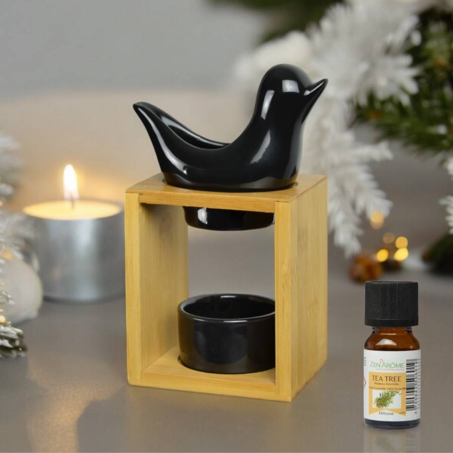 Brûle Parfum Birdy Noir - Brûleur Fondant Parfumé –Diffuseur Huile Essentielle- Brûleur en céramique et bambou - H 12cm - Zen'Arôme - Image 6