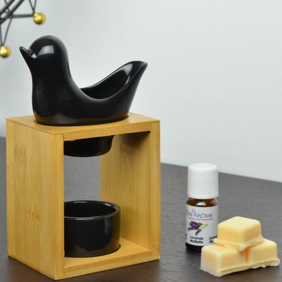 Brûle Parfum Birdy Noir - Brûleur Fondant Parfumé –Diffuseur Huile Essentielle- Brûleur en céramique et bambou - H 12cm - Zen'Arôme - Image 8