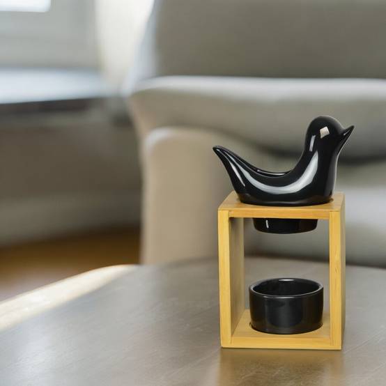 Brûle Parfum Birdy Noir - Brûleur Fondant Parfumé –Diffuseur Huile Essentielle- Brûleur en céramique et bambou - H 12cm - Zen'Arôme - Image 7