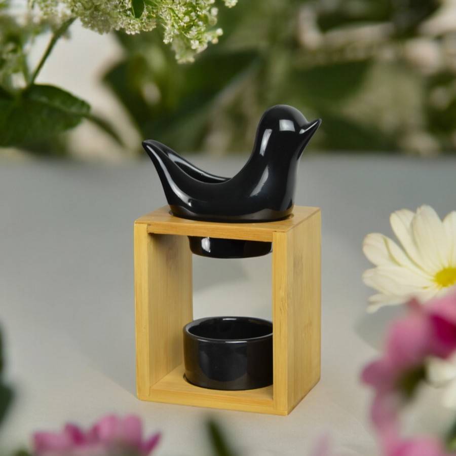 Brûle Parfum Birdy Noir - Brûleur Fondant Parfumé –Diffuseur Huile Essentielle- Brûleur en céramique et bambou - H 12cm - Zen'Arôme - Image 4