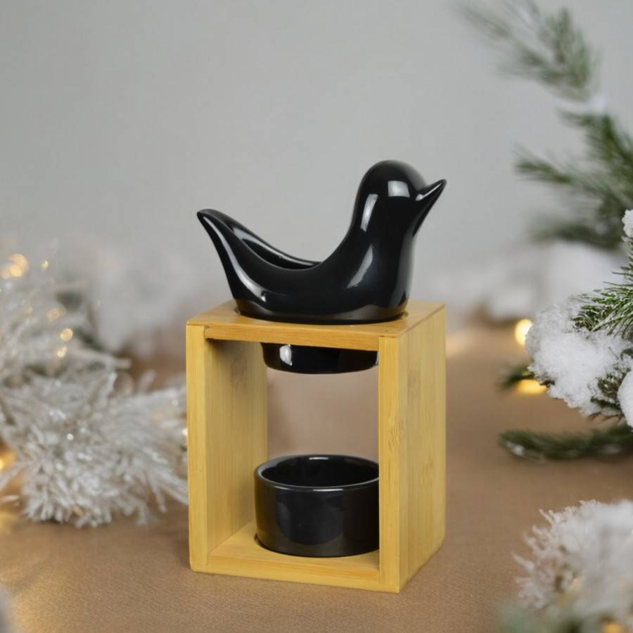 Brûle Parfum Birdy Noir - Brûleur Fondant Parfumé –Diffuseur Huile Essentielle- Brûleur en céramique et bambou - H 12cm - Zen'Arôme - Image 9