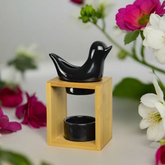 Brûle Parfum Birdy Noir - Brûleur Fondant Parfumé –Diffuseur Huile Essentielle- Brûleur en céramique et bambou - H 12cm - Zen'Arôme - Image 1