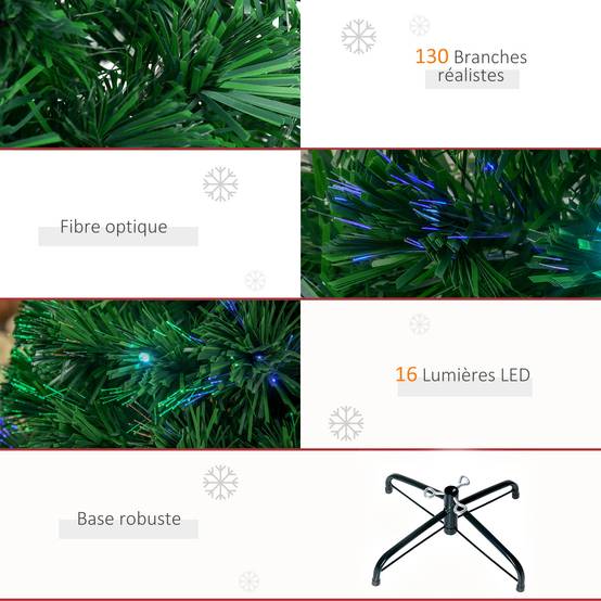 Sapin de Noël Artificiel Lumineux 120H cm Fibre Optique LED Multicolore + Support Pied 130 Branches étoile Sommet Brillante Vert - Image 9