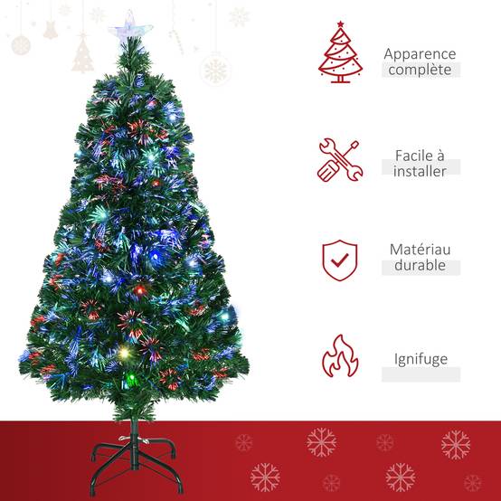 Sapin de Noël Artificiel Lumineux 120H cm Fibre Optique LED Multicolore + Support Pied 130 Branches étoile Sommet Brillante Vert - Image 6