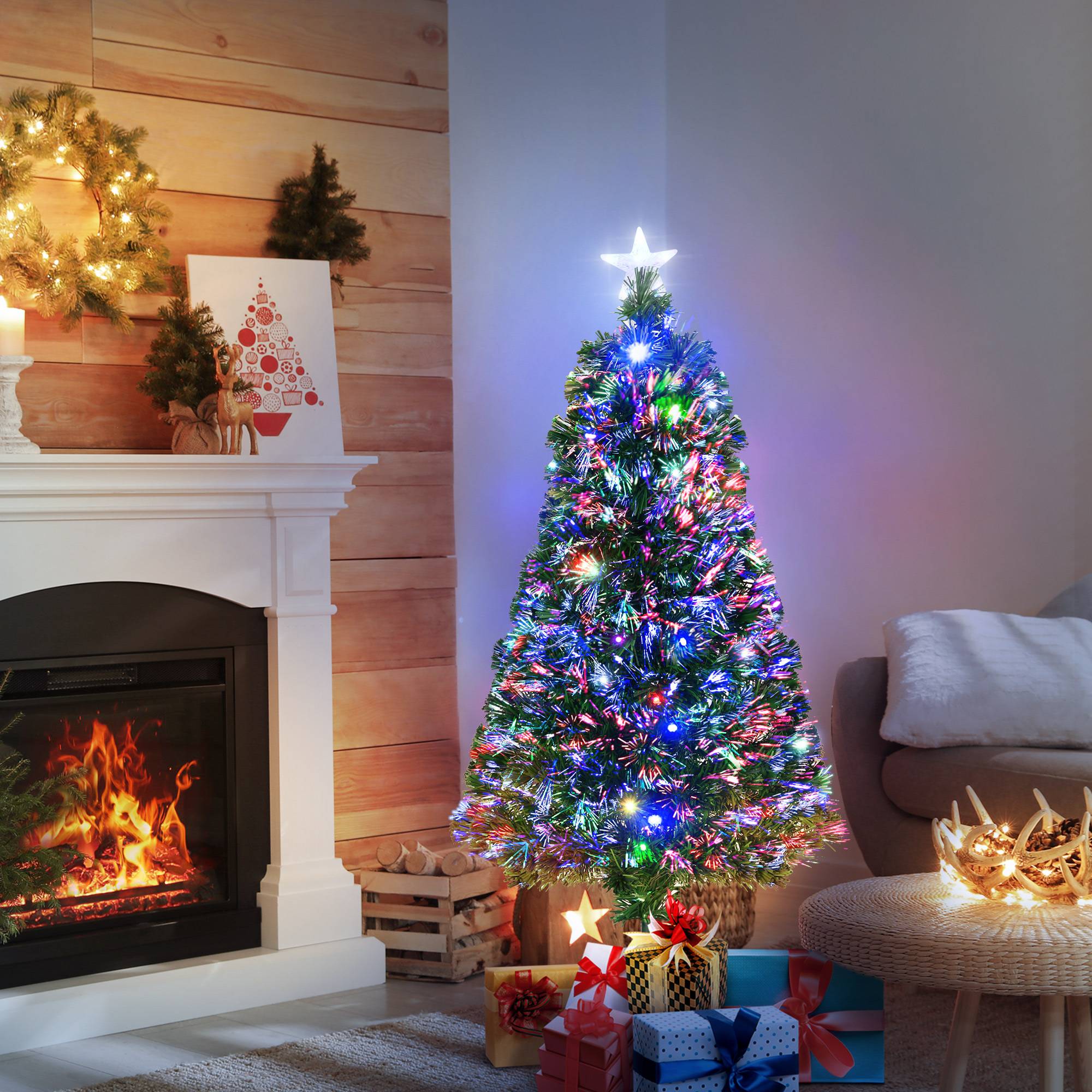 Sapin de Noël Artificiel Lumineux 120H cm Fibre Optique LED Multicolore + Support Pied 130 Branches étoile Sommet Brillante Vert - Image 3