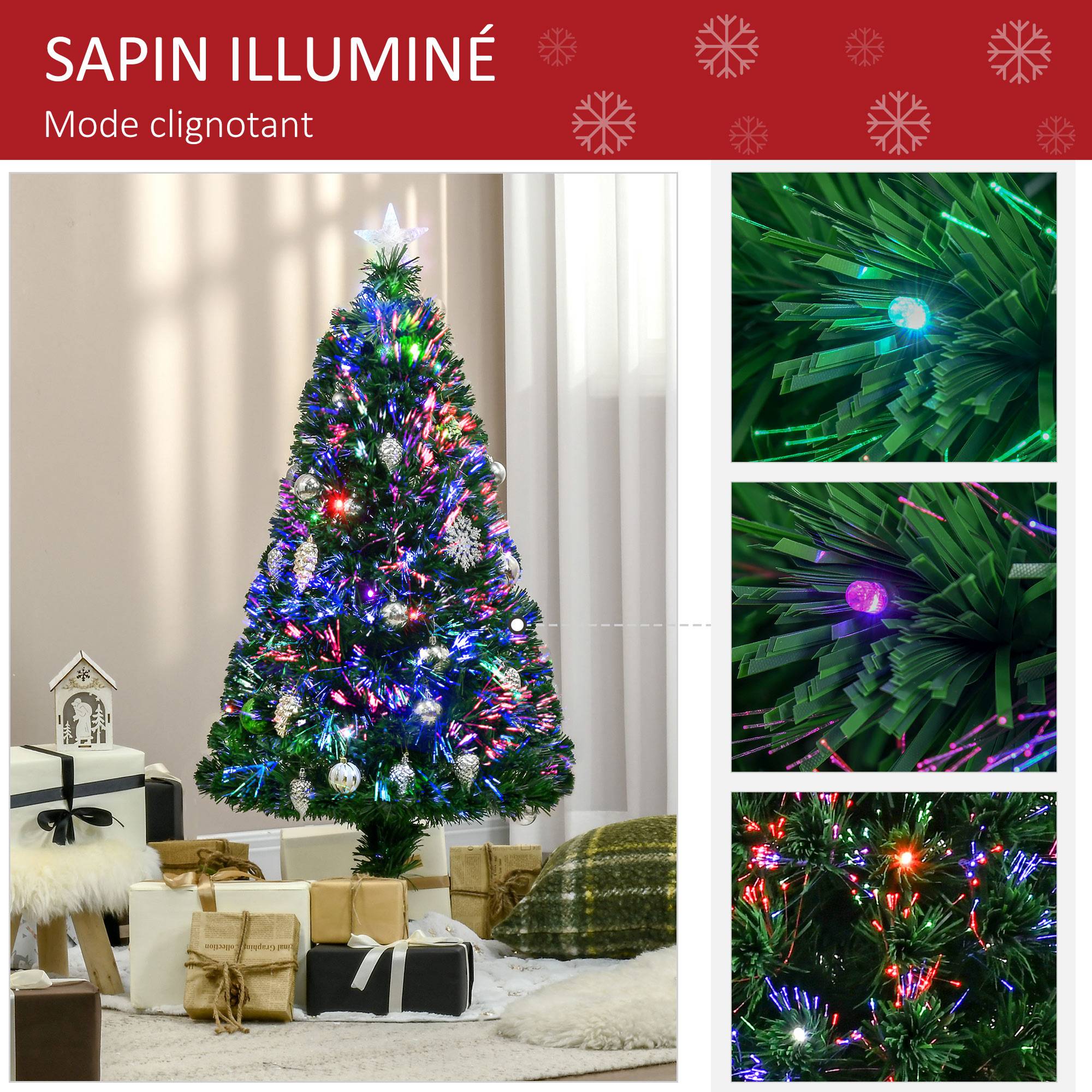 Sapin de Noël Artificiel Lumineux 120H cm Fibre Optique LED Multicolore + Support Pied 130 Branches étoile Sommet Brillante Vert - Image 7