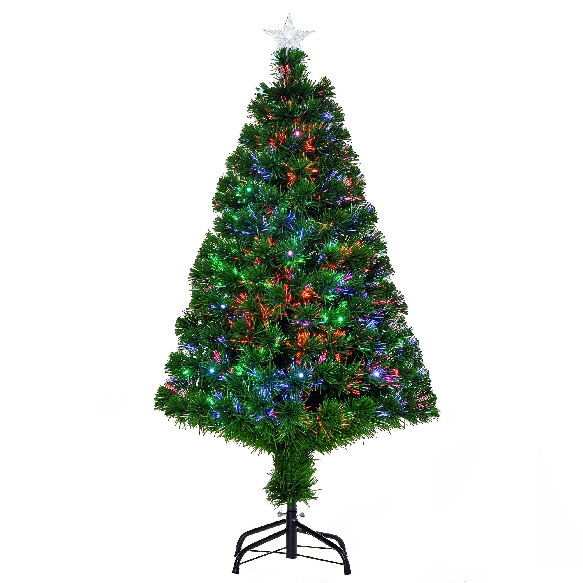 Sapin de Noël Artificiel Lumineux 120H cm Fibre Optique LED Multicolore + Support Pied 130 Branches étoile Sommet Brillante Vert - Image 1