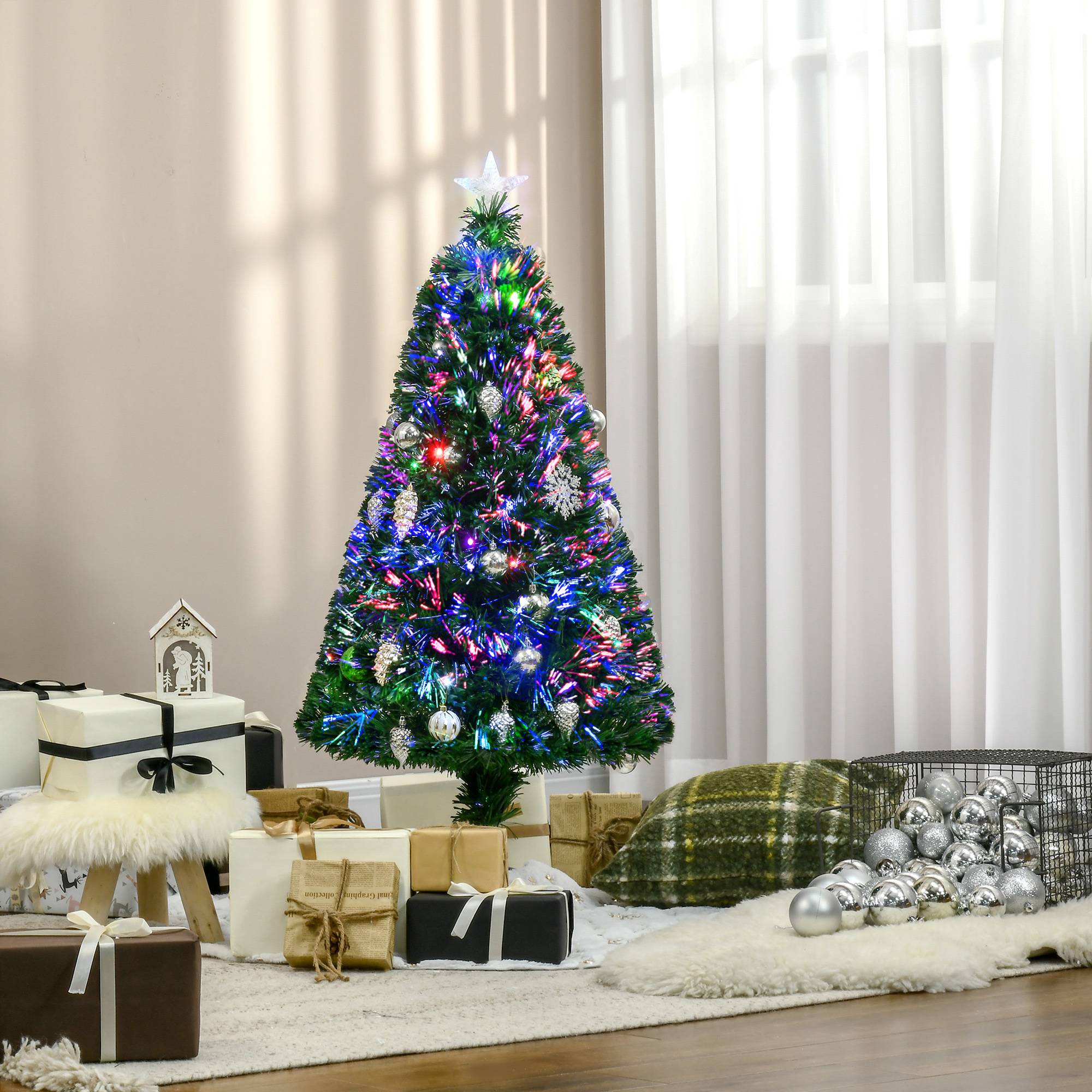 Sapin de Noël Artificiel Lumineux 120H cm Fibre Optique LED Multicolore + Support Pied 130 Branches étoile Sommet Brillante Vert - Image 4