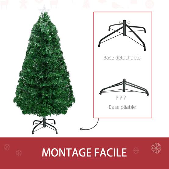 Sapin de Noël Artificiel Lumineux 120H cm Fibre Optique LED Multicolore + Support Pied 130 Branches étoile Sommet Brillante Vert - Image 10