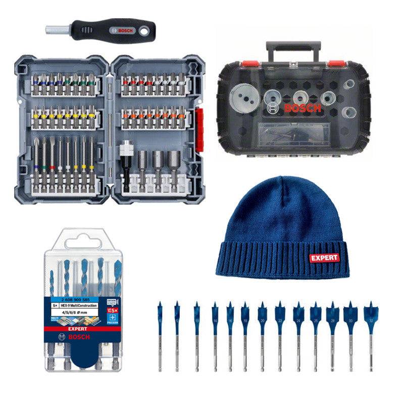 Bosch - Kit BOSCH 5 forets expert + Assortiment d’embouts de vissage + Coffret de scie trépan + Trousse mèches plates + Bonnet Bosch - Imagen 1